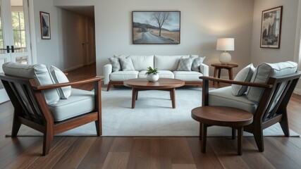 Modern Living Room Interior Design with Mid-Century Furniture and Blue Cushions for Architectural Photography