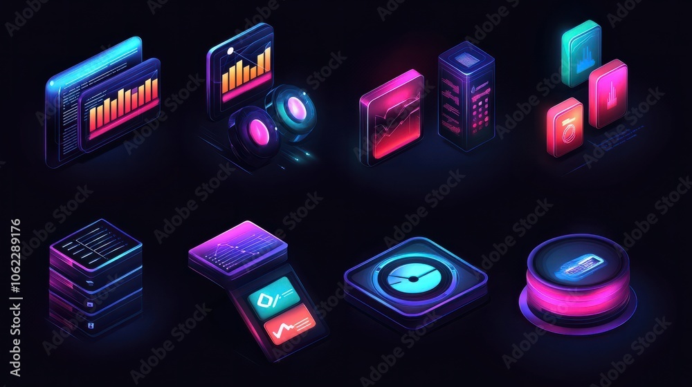 Poster data analytics icon set. big data analysis technology symbol. containing database, statistics, analy
