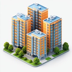 Modern Isometric Residential Apartment Buildings Surrounded by Green Landscaping