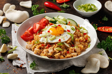 Nasi goreng, fried rice with chicken and egg in Indonesia style. Asian food