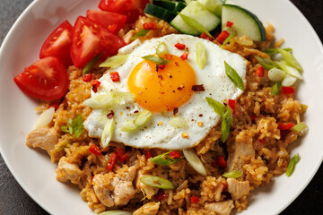 Nasi goreng, fried rice with chicken and egg in Indonesia style. Asian food