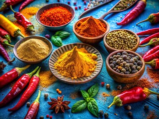 Fototapeta premium Colorful Spices Displayed on Blue Background