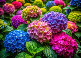Vibrant Multicolored Hydrangea Blooms in Lush Garden