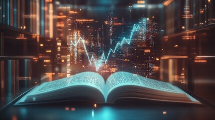 Digital 3D model of data charts and graphs emerging from an open book symbolizing the fusion of data driven insights and published scientific research academic publications and computational analysis