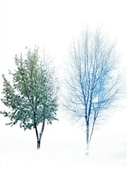 Fototapeta premium Winter Landscape with Green and Blue Trees in Snow, showcasing the contrast between the seasons. One tree remains green, symbolizing life and resilience, while the other is covered in blue snow, repre