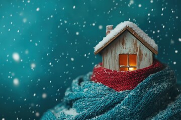 Miniature house wrapped in a warm scarf, with snowflakes falling, symbolizing home insulation, warmth, and winter energy efficiency