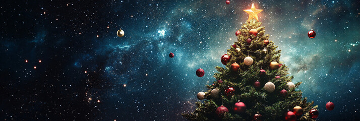 Floating Christmas Tree with Ornaments Orbiting Around It, Against a Cosmic Starry Background 
