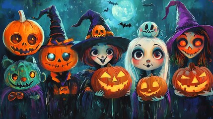 Halloween whimsical character patterns dressed as witches and ghosts