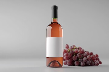 Obraz premium Bottle of rosé wine with a blank label, accompanied by bunches of pink grapes, set against a minimalist gray background for a refined and sophisticated look