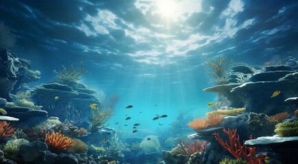 Fototapeta premium coral blue water background, oceanic view of coral blue water, underwater life