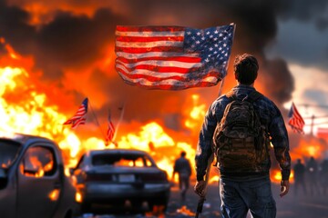 Riots break out following the USA 2024 election results.An young man with an American flag stands amidst burning cars and furious crowds, back view.