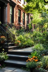 Fototapeta premium Charming brownstone building with lush garden landscaping, featuring vibrant flowers and greenery along the steps and iron railings, in a sunlit urban neighborhood