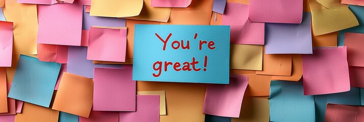 A striking blue sticky note amidst colorful notes reads 'You're great!' spreading an uplifting message of affirmation, encouragement, and positivity.