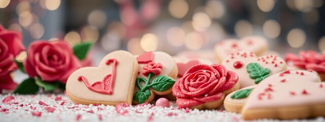 Festive Valentine Love Sugar Cookies Hearts And Red Roses