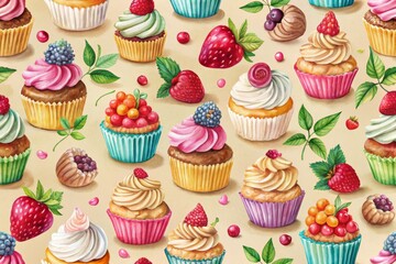 Colorful Cupcake and Berry Pattern on Beige Background