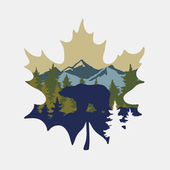 Canada symbol 3D layered paper cut style. Maple leaf vector illustration. Landscape with pine forest and mountains, bear silhouette Shadow box eps. Vector layout light box template. Canada day concept