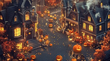 Halloween charming street patterns with festive decorations
