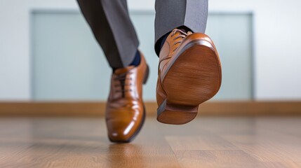 Businessman's feet rushing in office; brown suit Modern palette 
