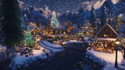 Snowy village with twinkling lights and decorated houses
