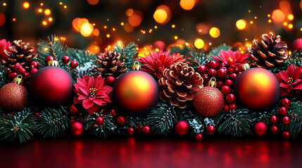 Holiday decorations. Festive Christmas decorations in vibrant colors, New Year celebrations