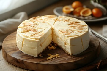 Sliced Round Cheesecake on Wooden Board