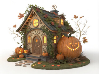 Obraz premium Small magical mushroom, acorn, pumpkin cottage 3D icon illustration with transparent background