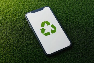 Smartphone displaying a recycling symbol placed on green grass, symbolizing eco-friendly technology.