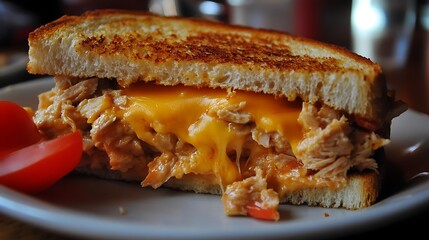 A classic tuna melt sandwich with melted cheddar cheese on toasted rye bread