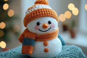 Knitted cute snowman toy. New Year 2025