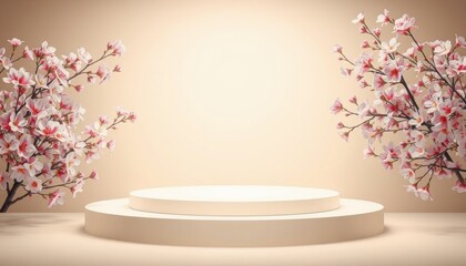 Product display podium with blossom flowers