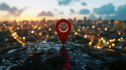 High-resolution image of a red pin on a cityscape during twilight, with sharp focus on the pin and a blurred city background illuminated by evening lights.