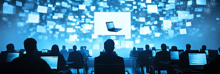 Floating Laptops and Digital Devices Above Rows of People, All Engaged in a High-Tech Seminar Room 