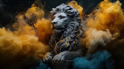 Majestic Lion Statue Surrounded by Swirling Colorful Smoke and Golden Particles - Perfect Poster for Sports Interiors, Capturing Royalty and Power Against a Dark Background