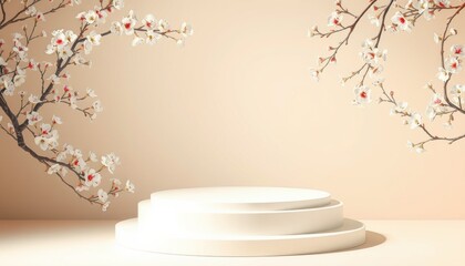 Product display podium with blossom flowers