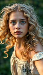 Fototapeta premium young beautiful simple village girl with blonde curly long hair