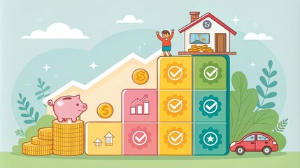 Naklejka premium a colorful and engaging savings chart with playful icons representing different savings goals, bright and cheerful design, conveying a sense of achievement and motivation in saving money