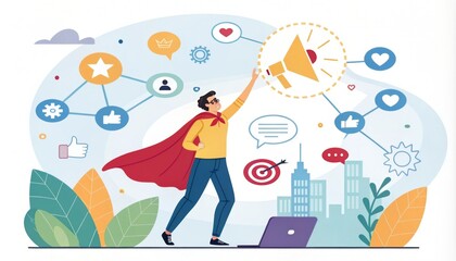 a character building their personal brand, surrounded by icons representing social media, networking, and skills, bright colors and dynamic elements conveying the excitement and importance of personal