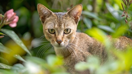 A brown cat with a watchful expression stands alert in a lush, green garden, its eyes fixed forward, surrounded by vibrant foliage and delicate flowers.