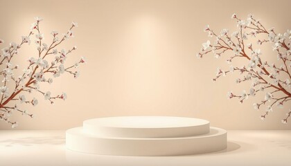 Product display podium with blossom flowers