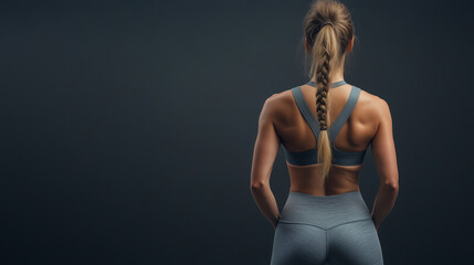 Naklejka premium Młoda kobieta w obcisłych szarych legginsach fitness, z widokiem od tyłu, emanuje pewnością siebie i energią. 