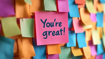 A kaleidoscope of sticky notes with a central pink note bearing the uplifting message 'You're great!', capturing the essence of encouragement and creativity.