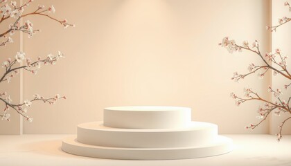 Product display podium with blossom flowers