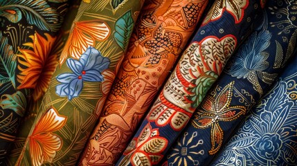 A vivid collection of fabric bolts adorned with intricate and colorful floral and abstract patterns, showcasing artistic diversity and creative craftsmanship.