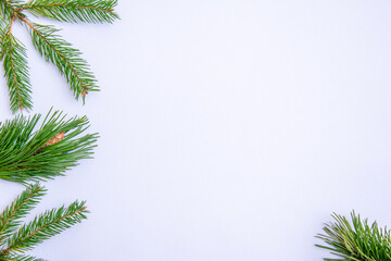 Fresh evergreen branches frame a light backdrop, perfect for holiday decorations and seasonal...