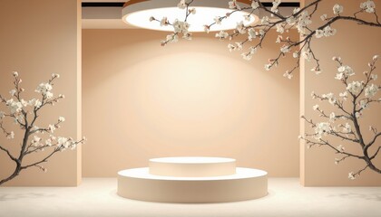 Product display podium with blossom flowers