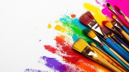 Obraz premium A vibrant display of paint splashes accompanied by various paintbrushes, showcasing the lively essence of artistic creativity.