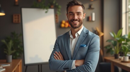 Fototapeta premium a confident individual standing in front of a large banner displaying their personal brand logo, in a modern workspace filled with creative elements