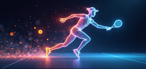 Naklejka premium illustrative depiction of a tennis player made of bright graphic lines, dynamics and speed of the tennis game