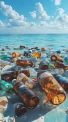 Glass and Plastic Bottles Floating Amid Ocean Pollution