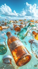Glass and Plastic Bottles Floating Amid Ocean Pollution